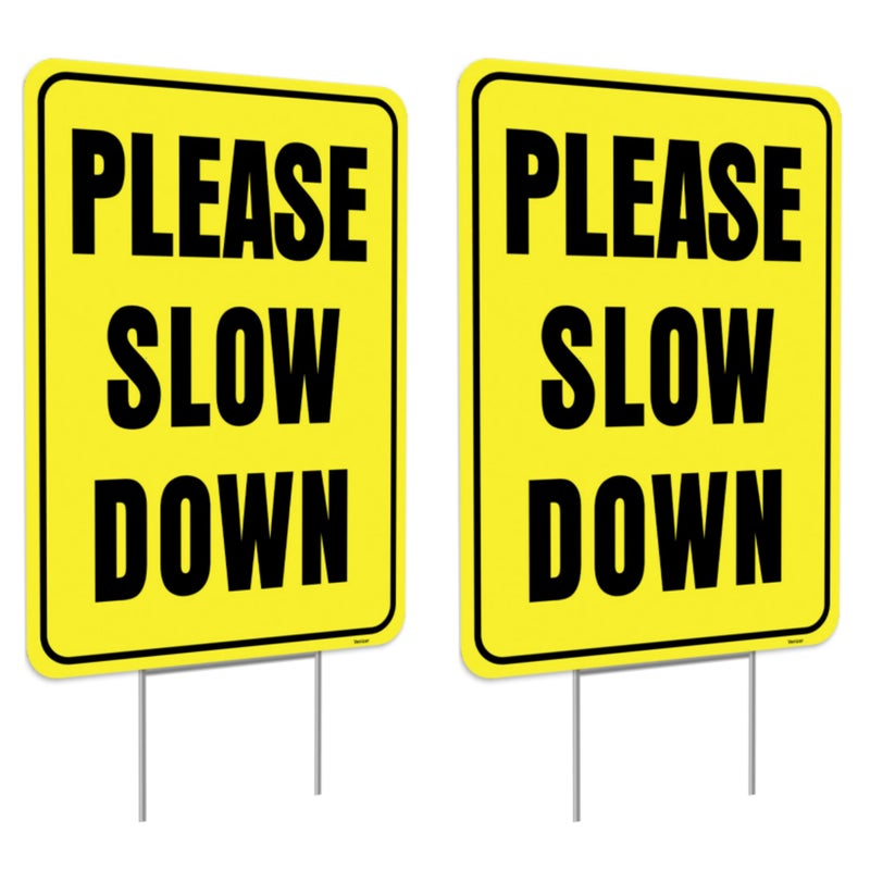 Venicor 2PC Please Slow Down Signs with Stake, 13"x17" - Double Sided Signs - Corrugated Plastic - Kids Children At Play Safety Sign for Street - Image 1